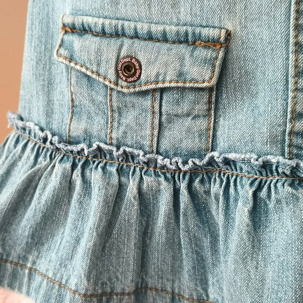 Embroidered Denim Overall Dress 9-12M Pink Ruffle Hem and Butterflies Pockets